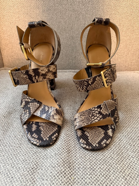 Calvin Klein Shoes - Calvin Klein Snake-Print Ankle-Strap Heels - Brown/Black
